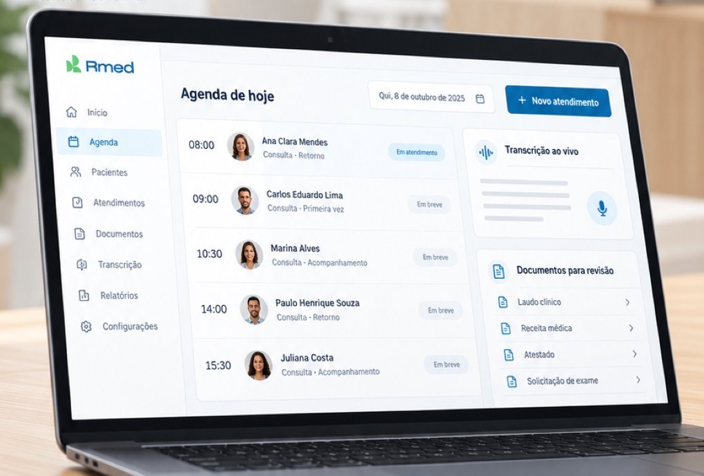 Tela da RMed com agenda do dia, transcrição ao vivo e documentos para revisão